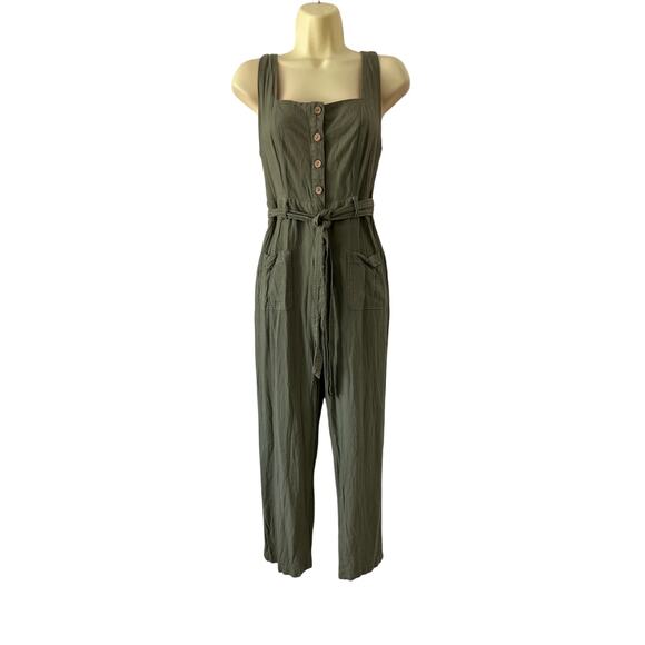Shinestar Olive Green Belted Jumpsuit Linen Blend Size Medium Boho Grunge - Picture 1 of 9
